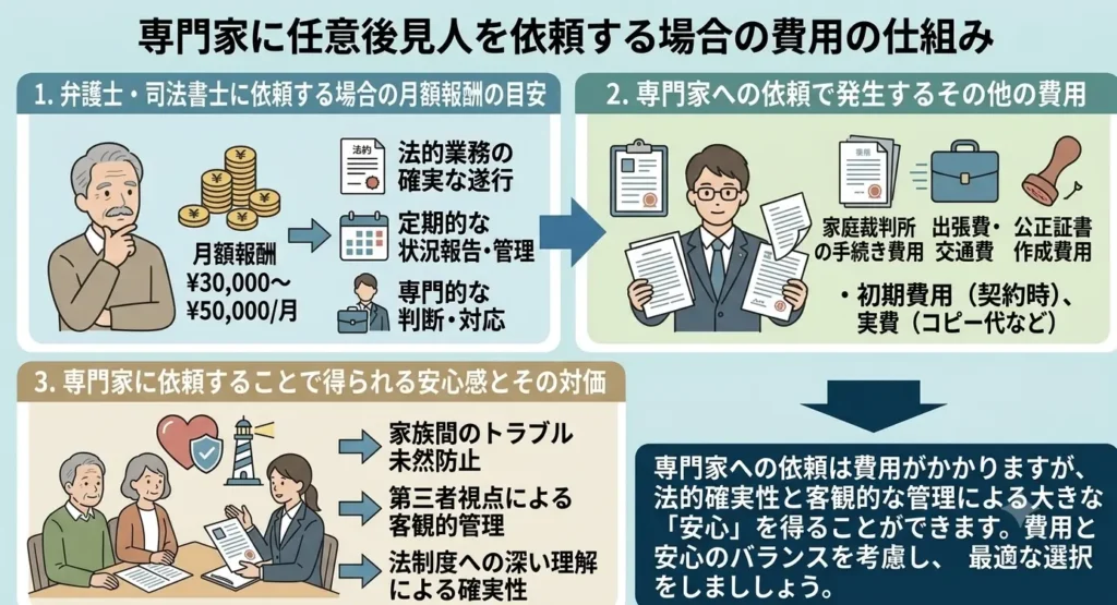 compared the costs of having a family member handle voluntary guardianship versus hiring a professional 01