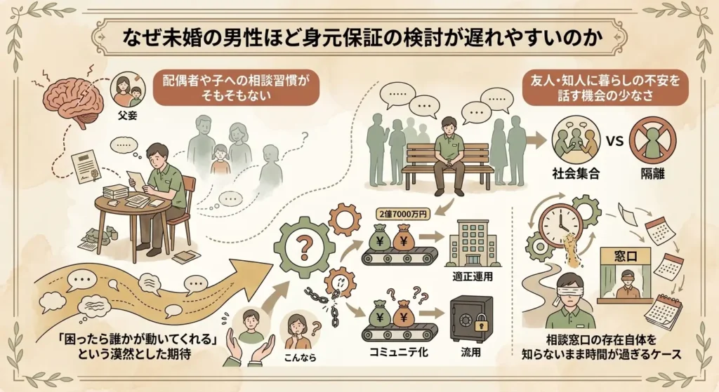 the risks of delaying arrangements for a guarantor among elderly men living alone 60 persent of whom are unmarried 02