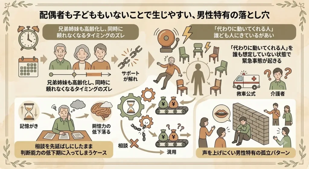 the risks of delaying arrangements for a guarantor among elderly men living alone 60 persent of whom are unmarried 03